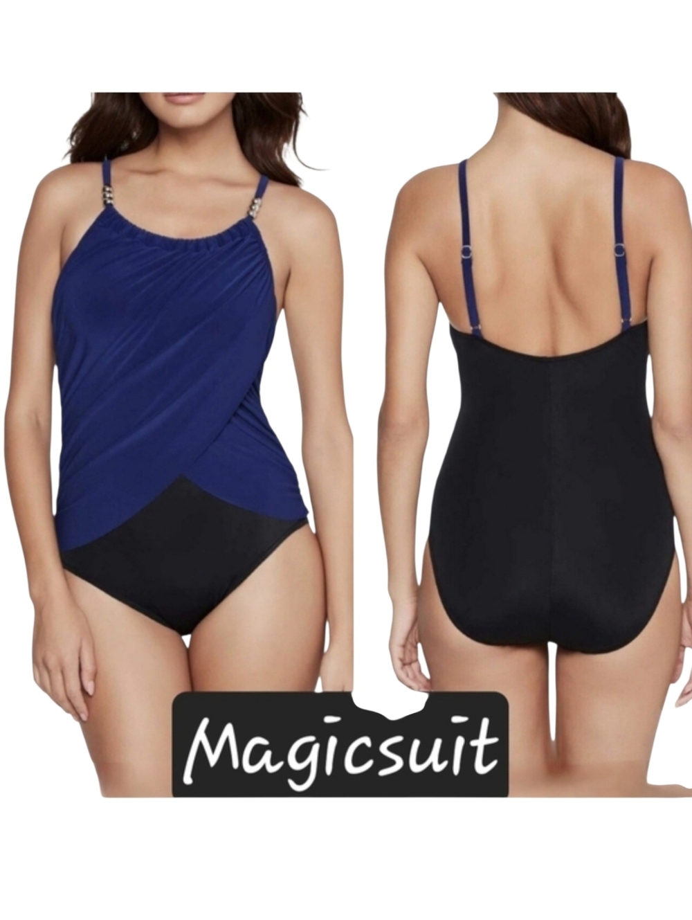 MWOT Magicsuit Blue and Black One Piece with Ruched Slimming Design Swimsuit 8